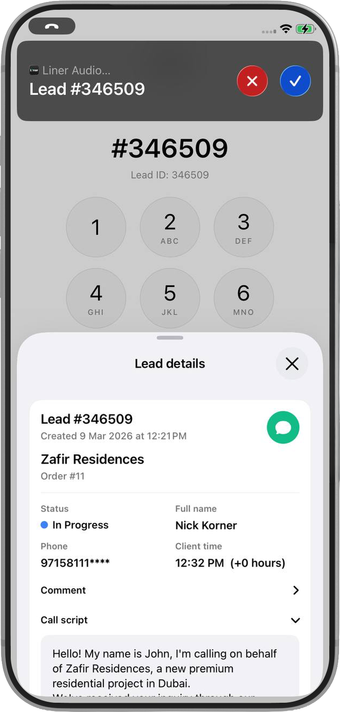 Liner on iPhone: incoming call from a lead with the lead card and call script